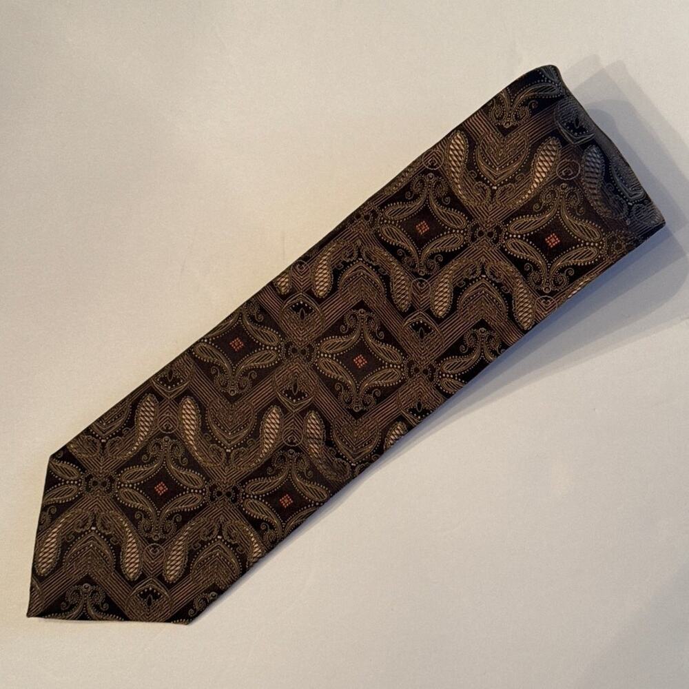Fabio Fazio Woven Geometric Silk Tie Necktie Black & Gold Jacquard